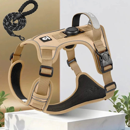Dog Harness with Airtag Holder and Leash Set-Premium Oxford Breathable Material Durable Reflective Dog Harness and Leash Set (M)